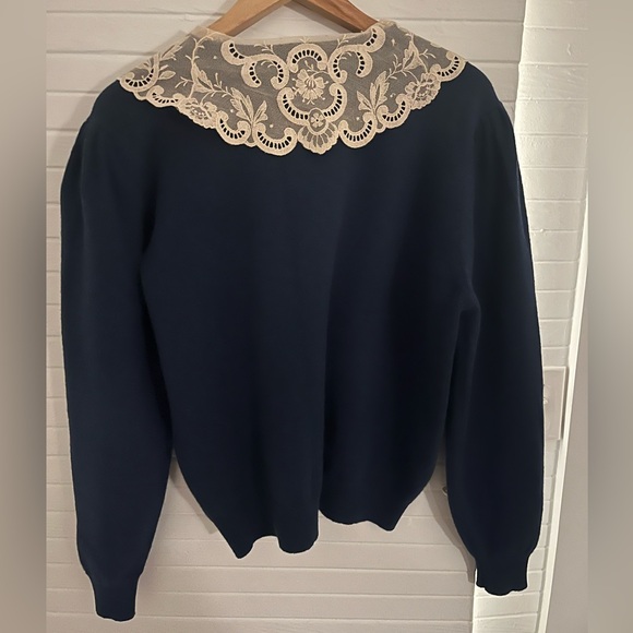 Laura Ashley vintage wool cardigan navy with lace collar NWT! M/L - Picture 3 of 4